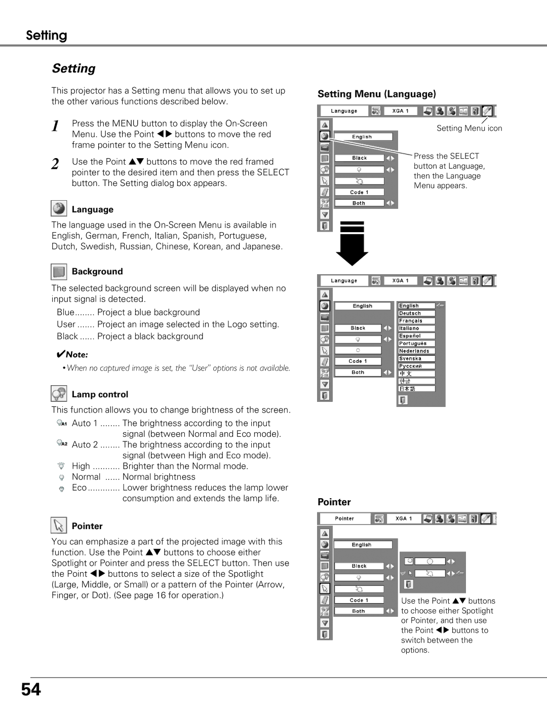 Eiki LC-XG250L, LC-XG300L owner manual Setting Menu Language, Pointer 