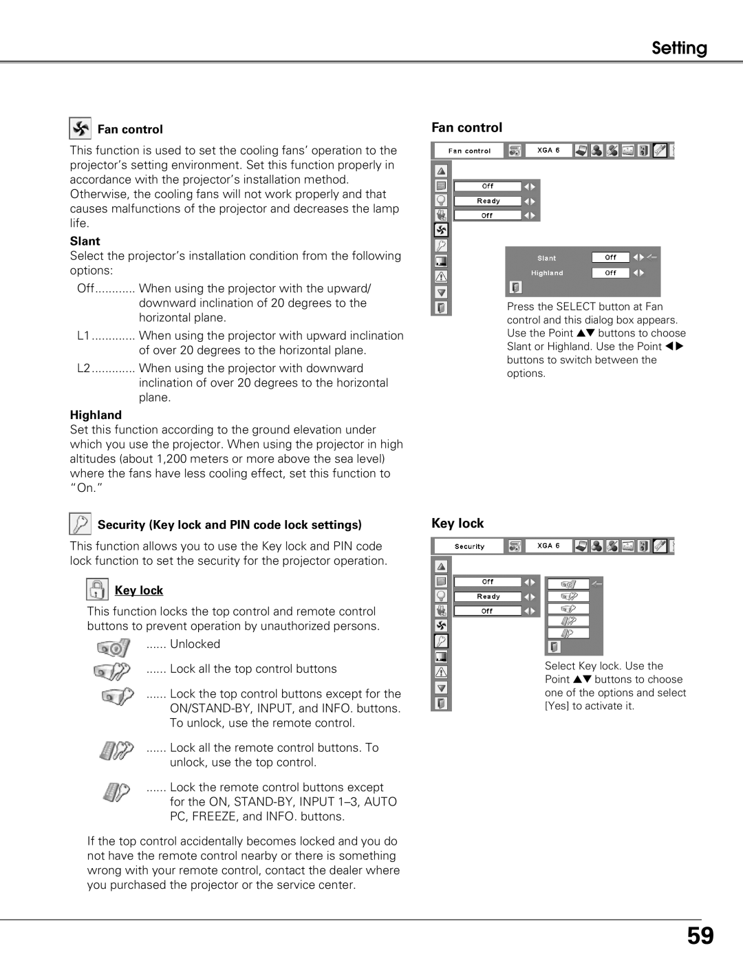 Eiki LC-XG300L, LC-XG250L owner manual Fan control, Key lock 