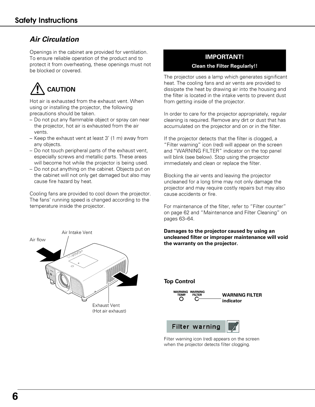 Eiki LC-XG250L, LC-XG300L owner manual Air Circulation, Top Control 