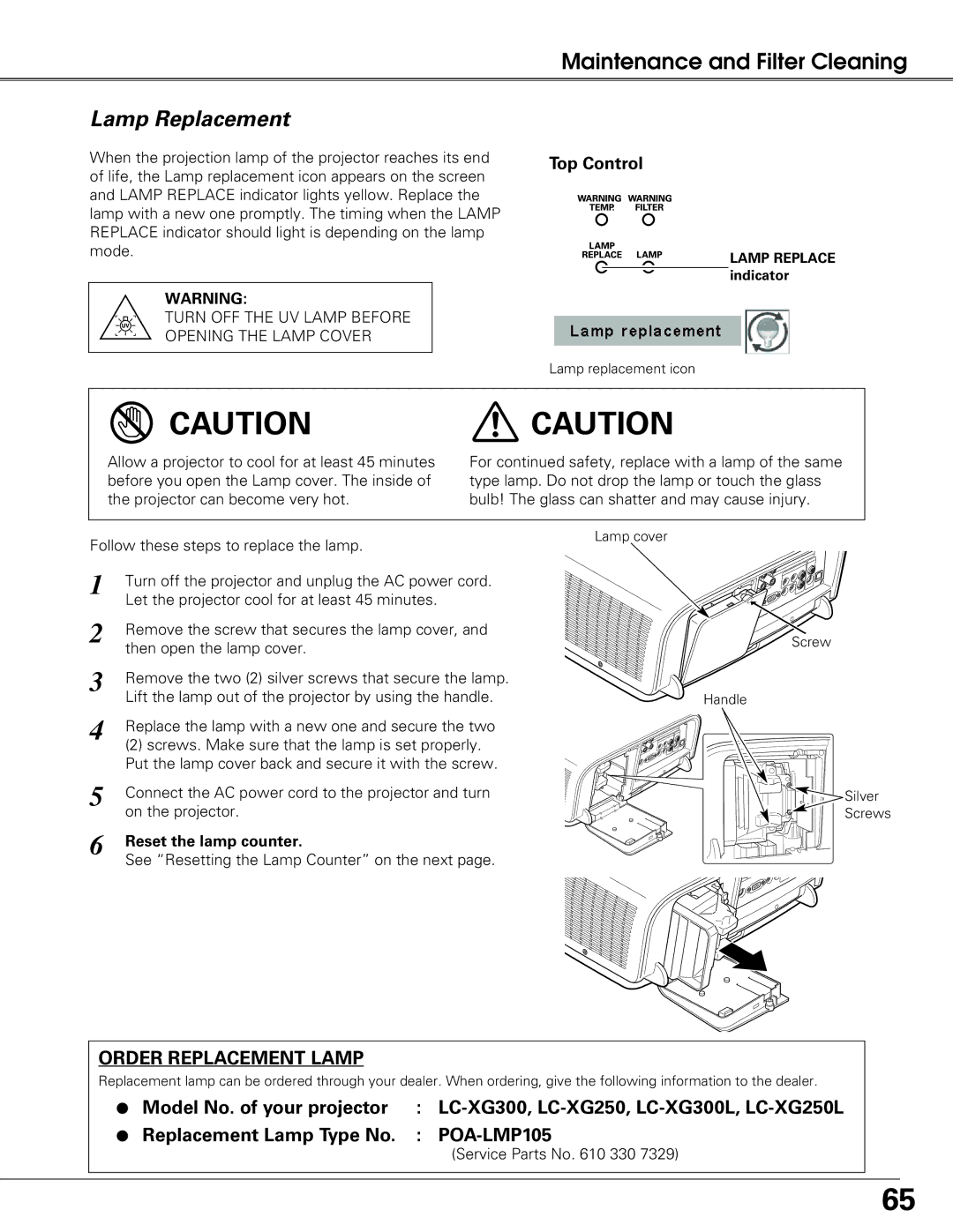 Eiki LC-XG250L, LC-XG300L owner manual Lamp Replacement, Reset the lamp counter 