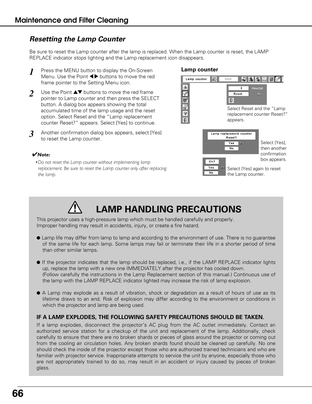 Eiki LC-XG250L, LC-XG300L owner manual Resetting the Lamp Counter, Lamp counter 