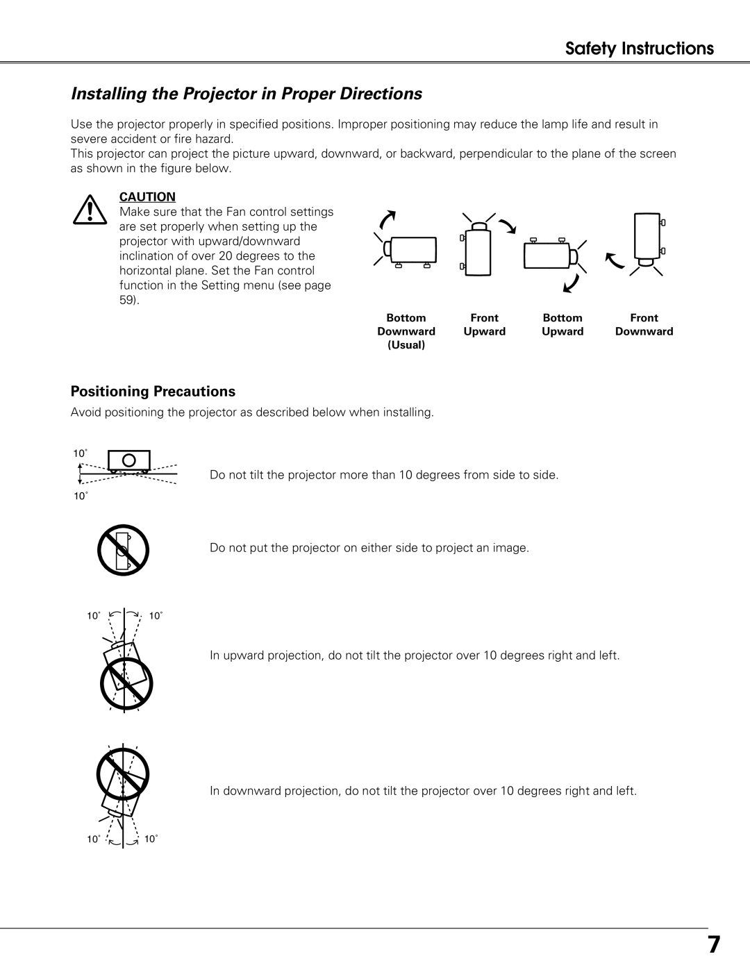 Eiki LC-XG300L, LC-XG250L owner manual Installing the Projector in Proper Directions, Positioning Precautions 