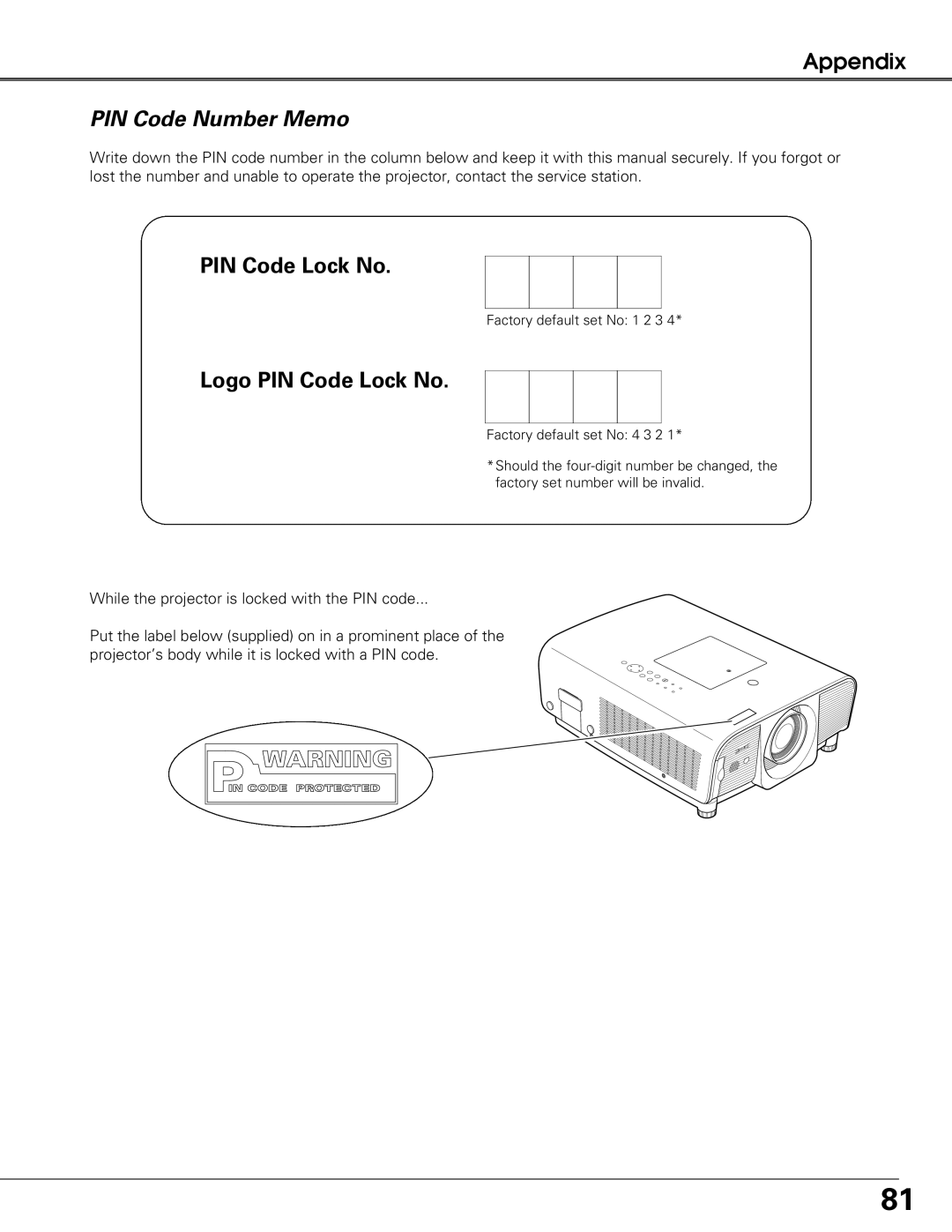 Eiki LC-XG250L, LC-XG300L owner manual PIN Code Number Memo, Logo PIN Code Lock No 