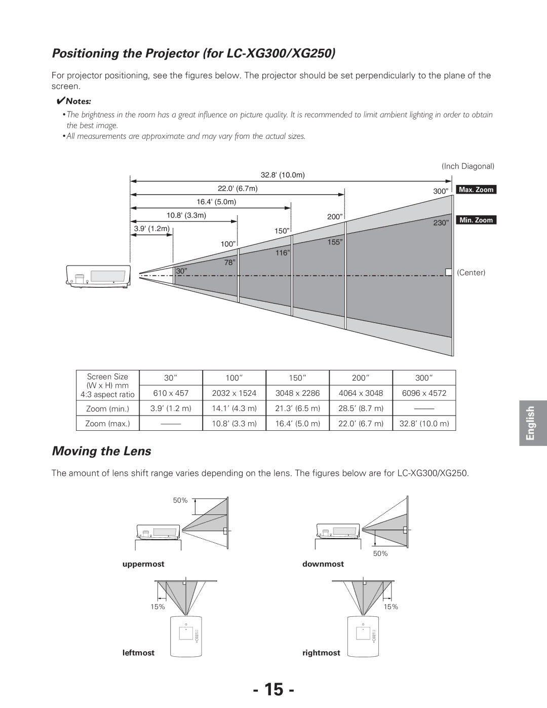 Eiki LC-XG250L*, LC-XG300L* owner manual Positioning the Projector for LC-XG300/XG250, Moving the Lens 