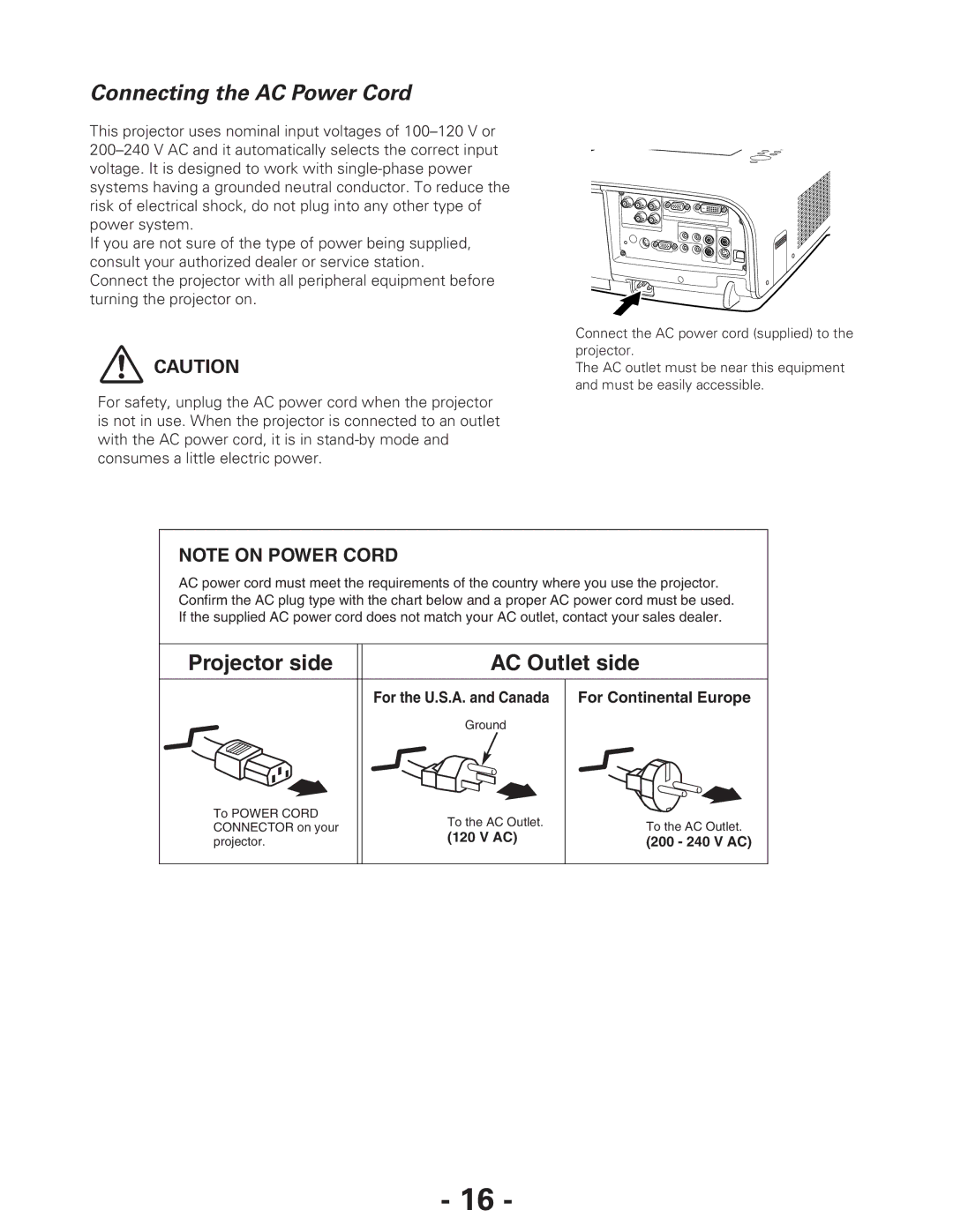 Eiki LC-XG300L*, LC-XG250L* owner manual Connecting the AC Power Cord, Projector side AC Outlet side 