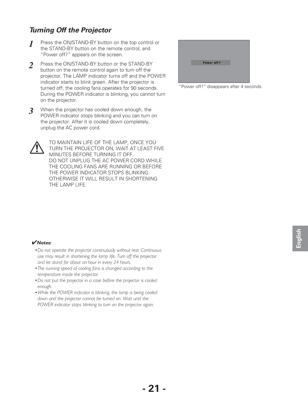 Eiki LC-XG250L*, LC-XG300L* owner manual Turning Off the Projector 