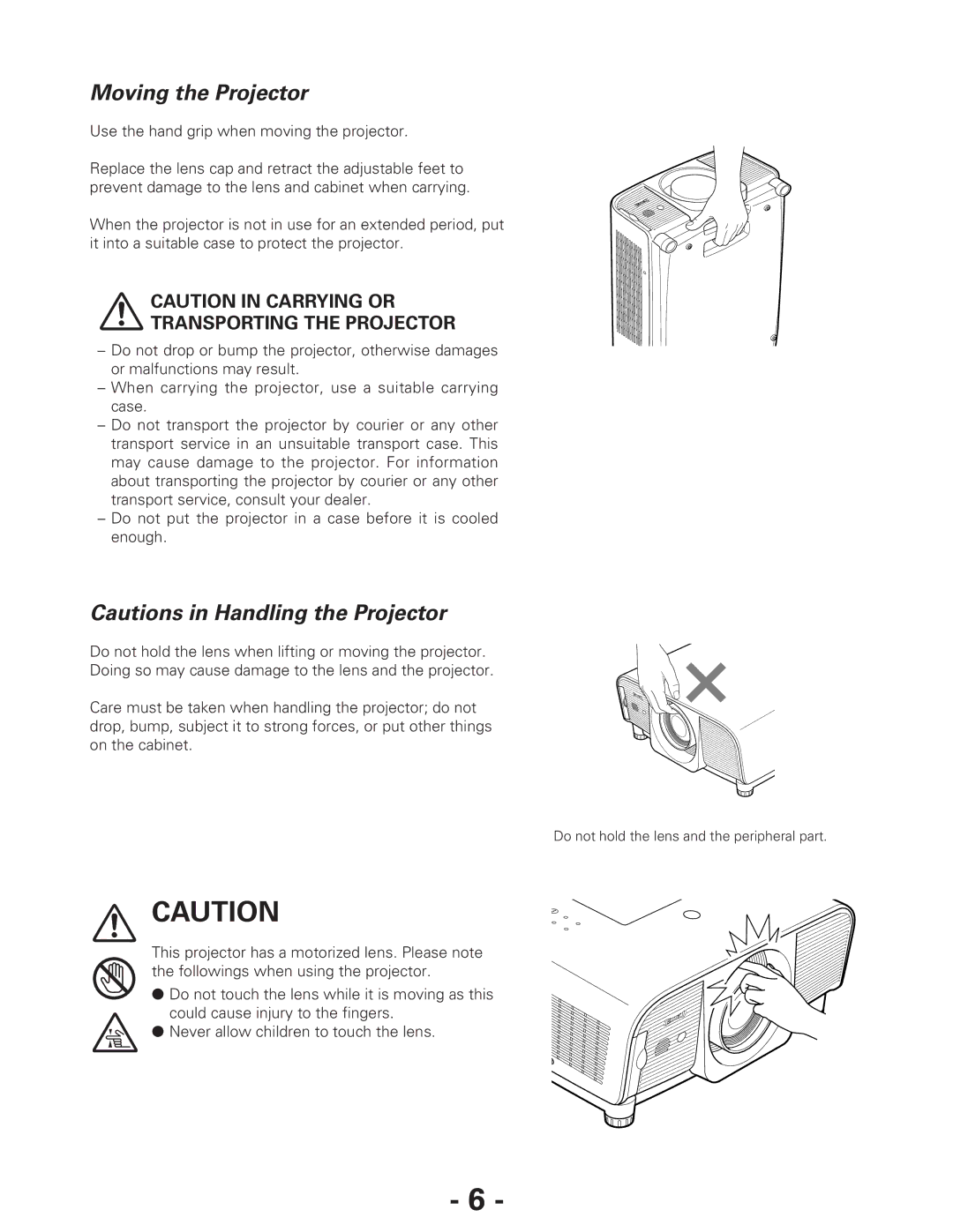 Eiki LC-XG300L*, LC-XG250L* owner manual Moving the Projector, Transporting the Projector 