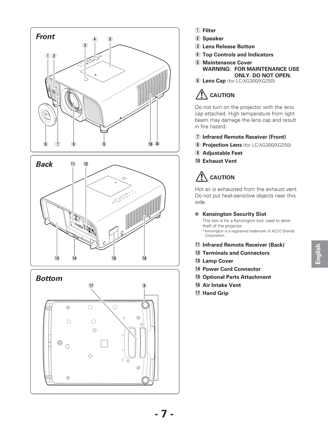 Eiki LC-XG250L* Front Back Bottom, Infrared Remote Receiver Front, Adjustable Feet 0Exhaust Vent, Kensington Security Slot 