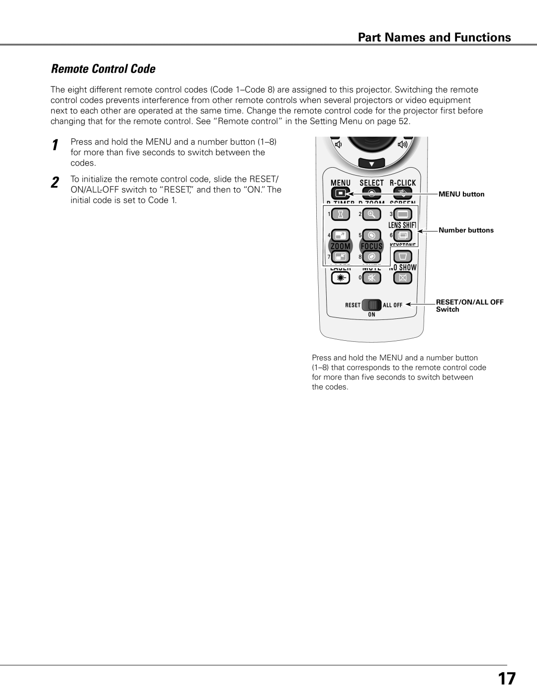 Eiki LC-XG400L owner manual Remote Control Code 