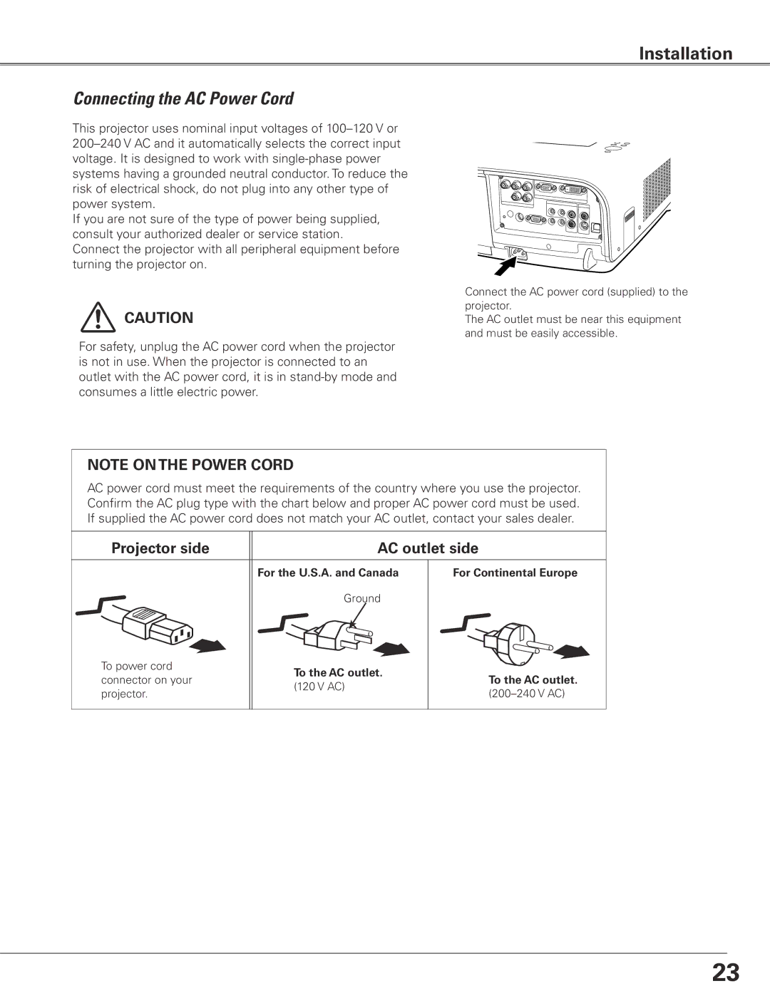 Eiki LC-XG400L owner manual Connecting the AC Power Cord, Projector side AC outlet side 