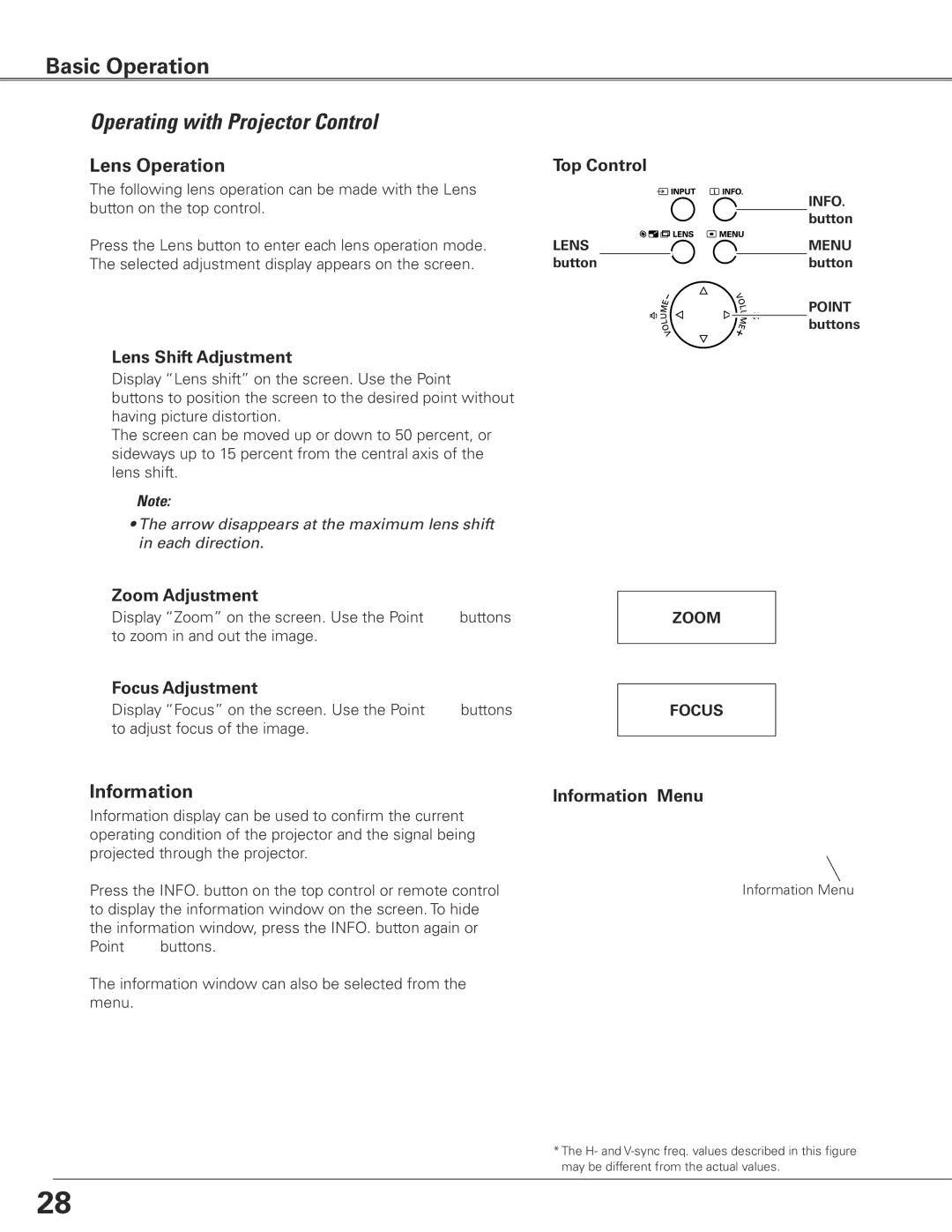 Eiki LC-XG400L owner manual Operating with Projector Control, Lens Operation, Information 