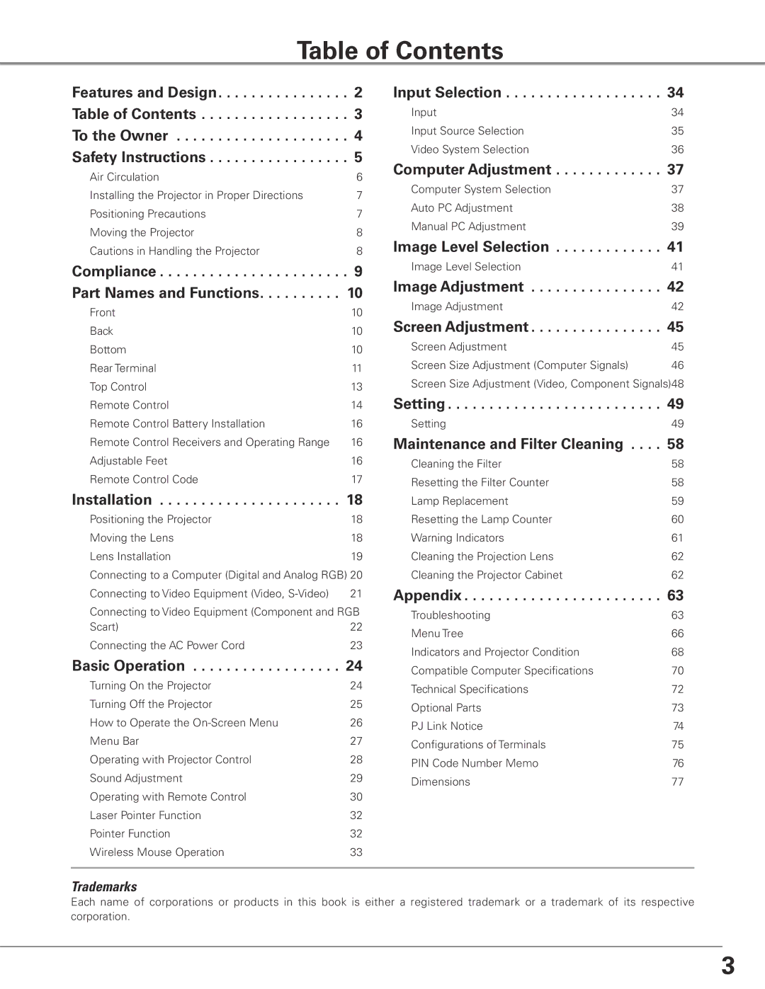 Eiki LC-XG400L owner manual Table of Contents 