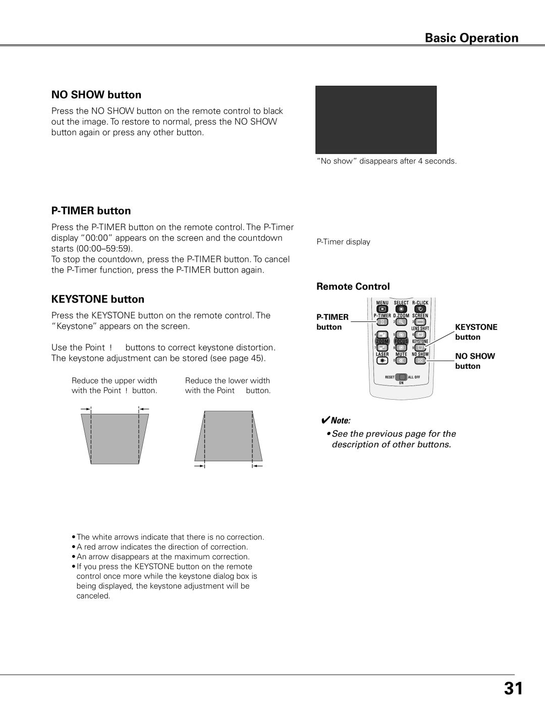 Eiki LC-XG400L owner manual No Show button, Timer button, Keystone button 