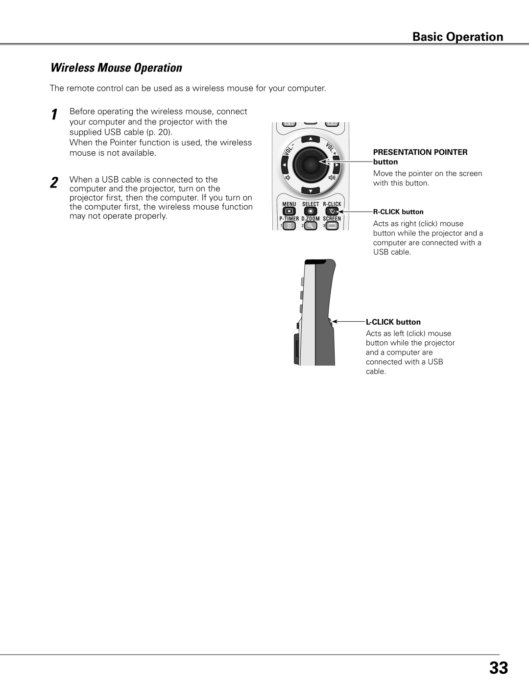 Eiki LC-XG400L owner manual Wireless Mouse Operation, Presentation Pointer button 