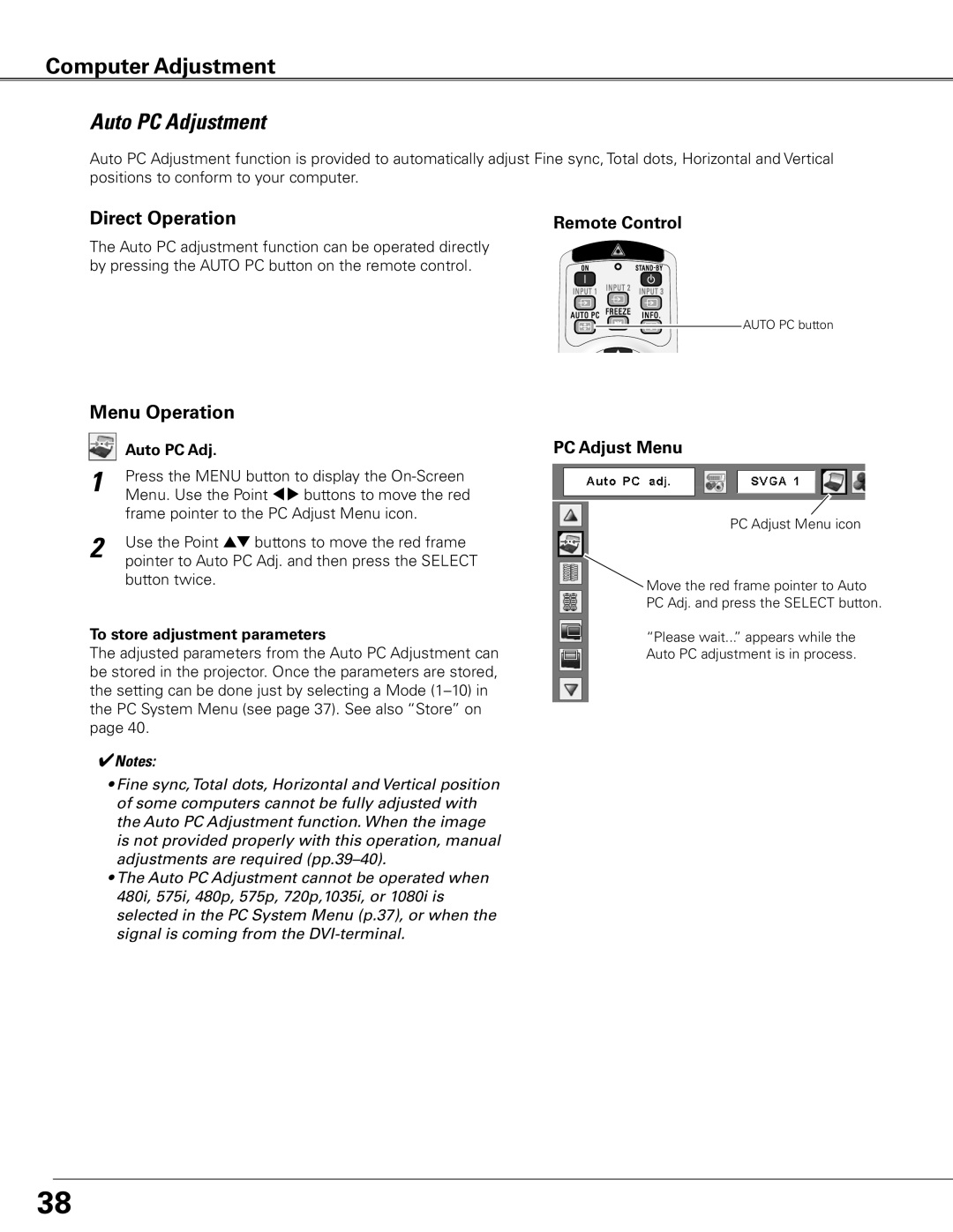 Eiki LC-XG400L owner manual Auto PC Adjustment, PC Adjust Menu, To store adjustment parameters 