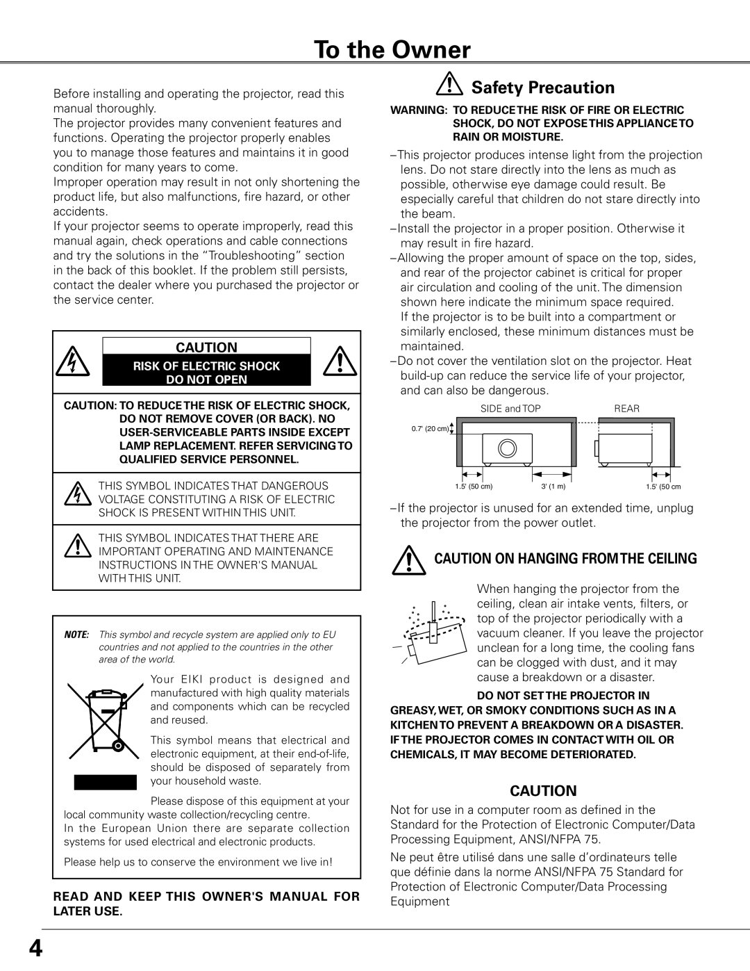 Eiki LC-XG400L owner manual To the Owner, Risk of Electric Shock Do not Open 