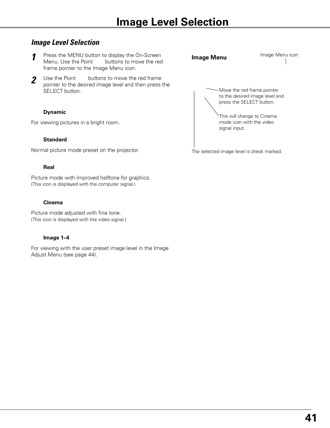 Eiki LC-XG400L owner manual Image Level Selection, Image Menu 