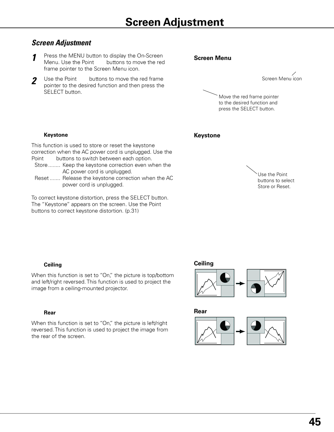 Eiki LC-XG400L owner manual Screen Adjustment, Screen Menu, Keystone 