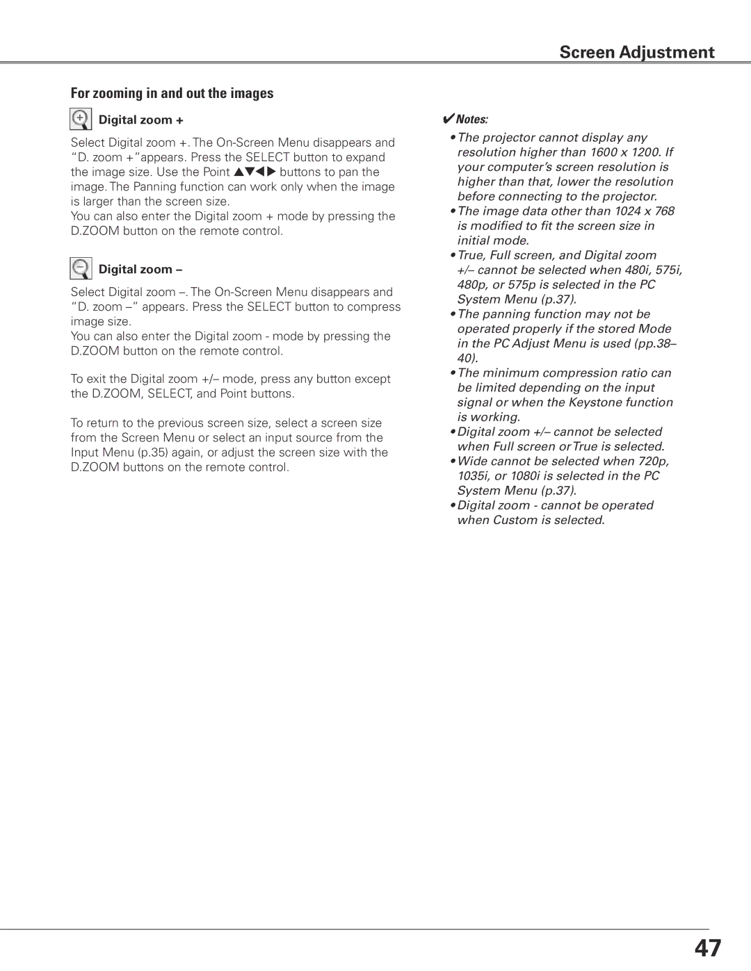 Eiki LC-XG400L owner manual For zooming in and out the images, Digital zoom + 