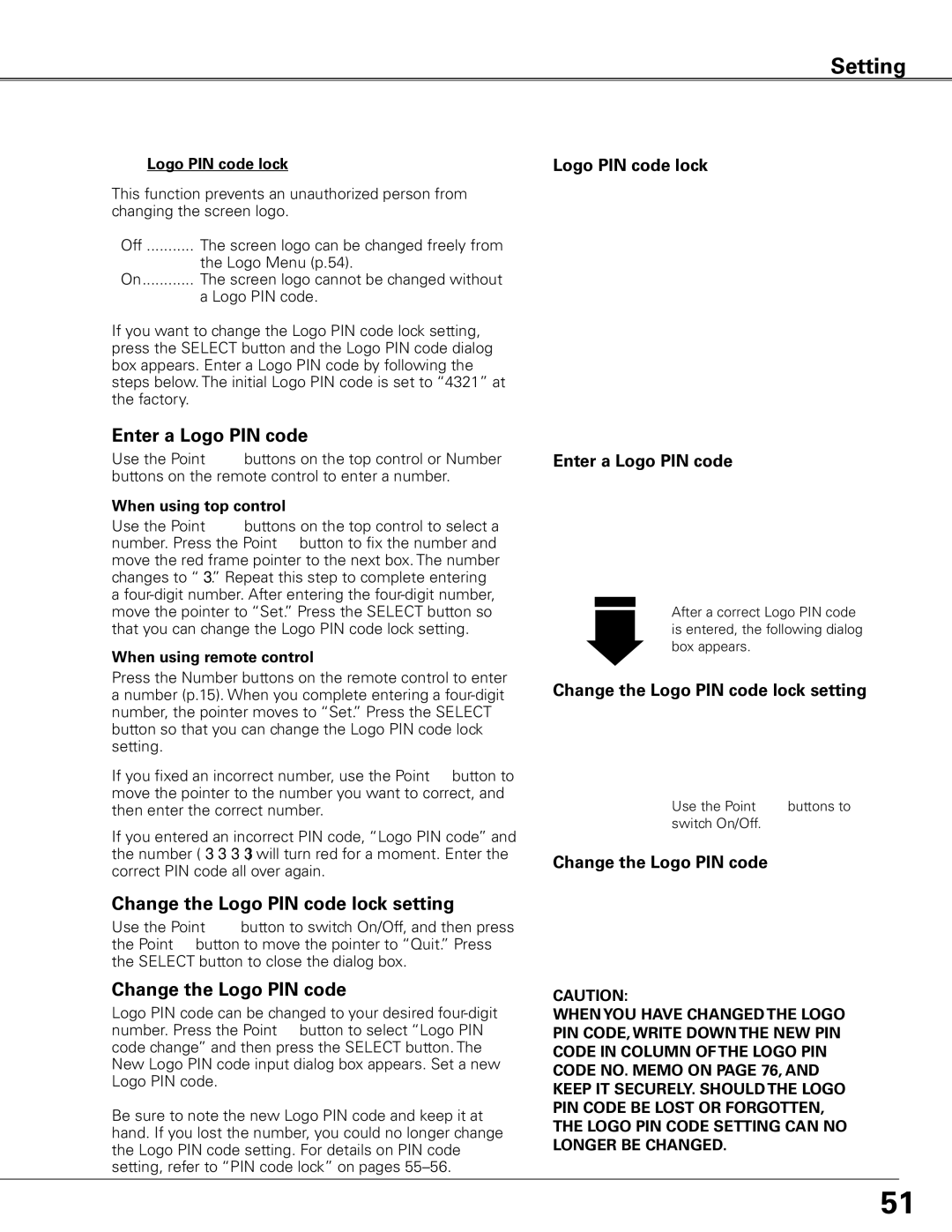 Eiki LC-XG400L owner manual Enter a Logo PIN code, Change the Logo PIN code lock setting, Change the Logo PIN code 