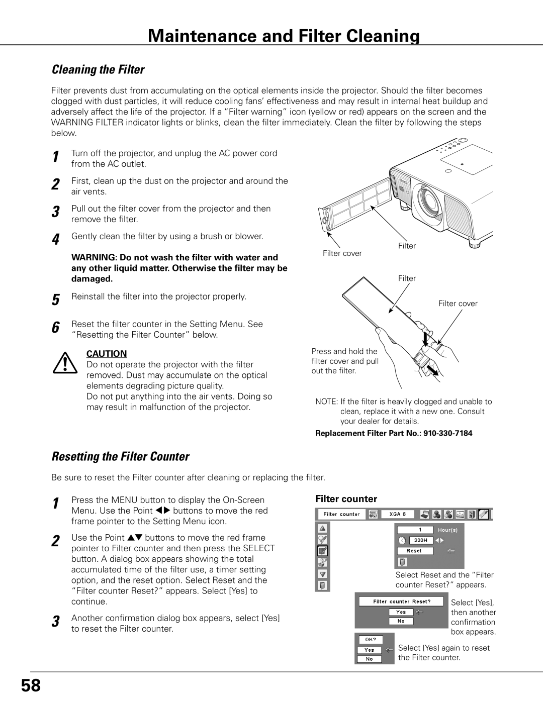 Eiki LC-XG400L owner manual Reinstall the filter into the projector properly 