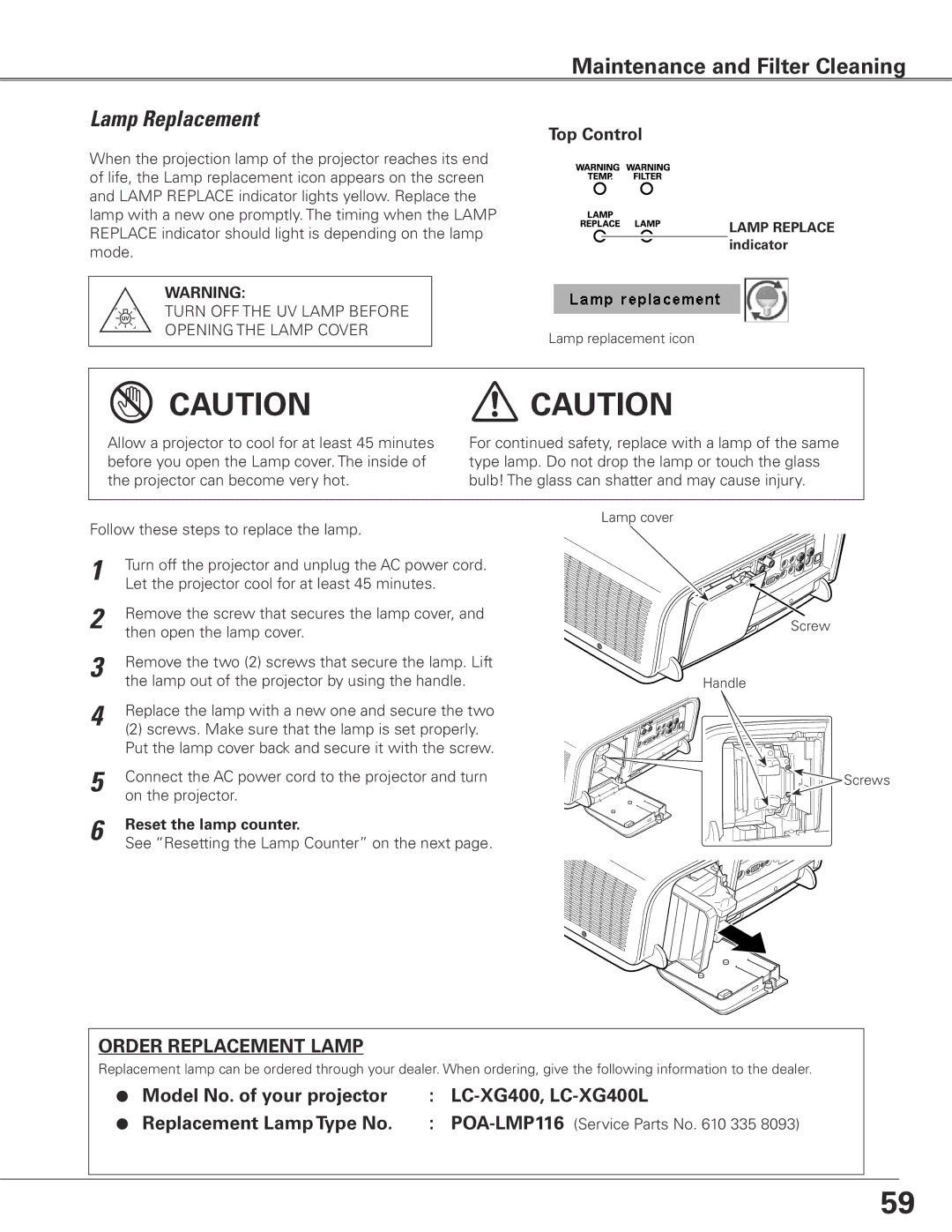 Eiki LC-XG400L owner manual Lamp Replacement, Reset the lamp counter, POA-LMP116 Service Parts No 335 