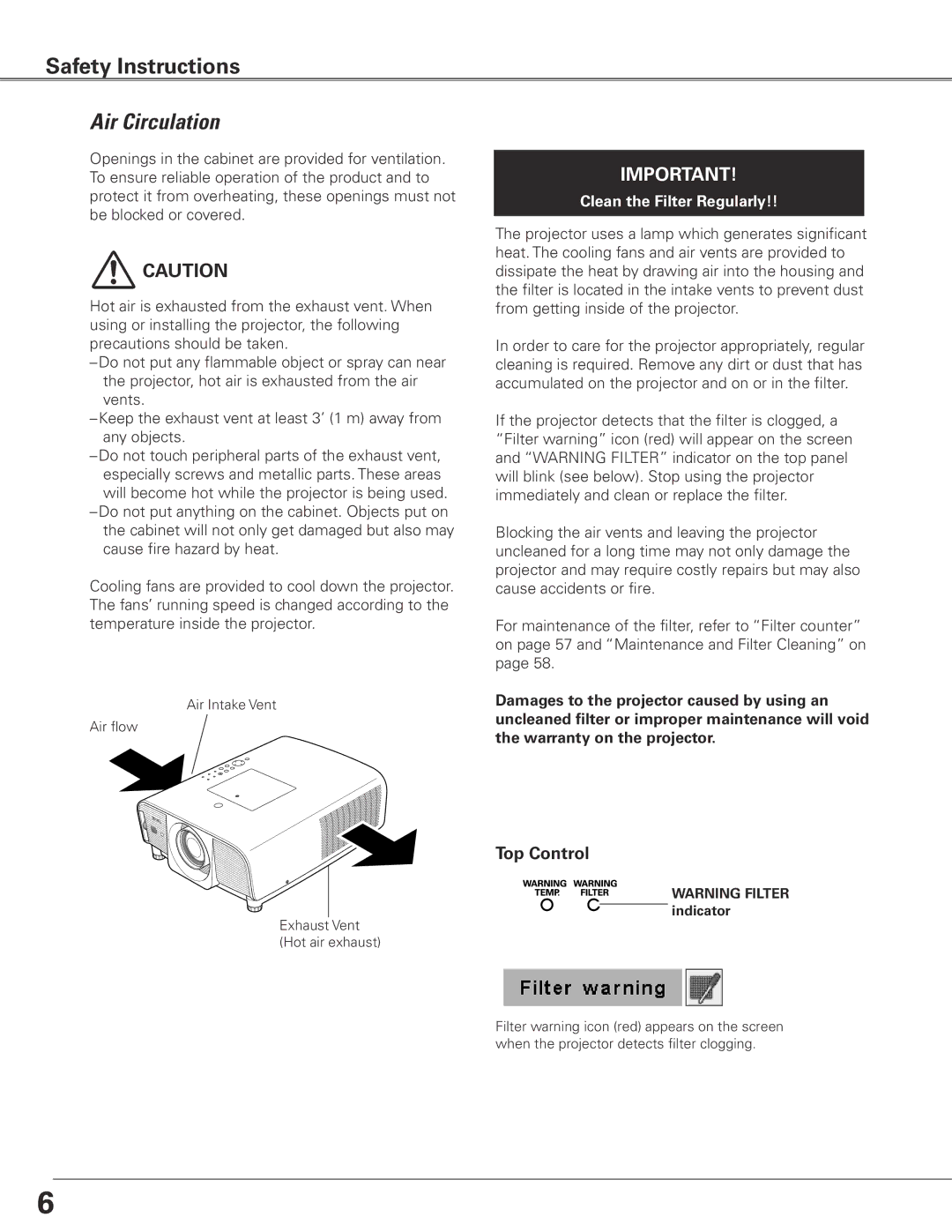 Eiki LC-XG400L owner manual Air Circulation, Top Control 