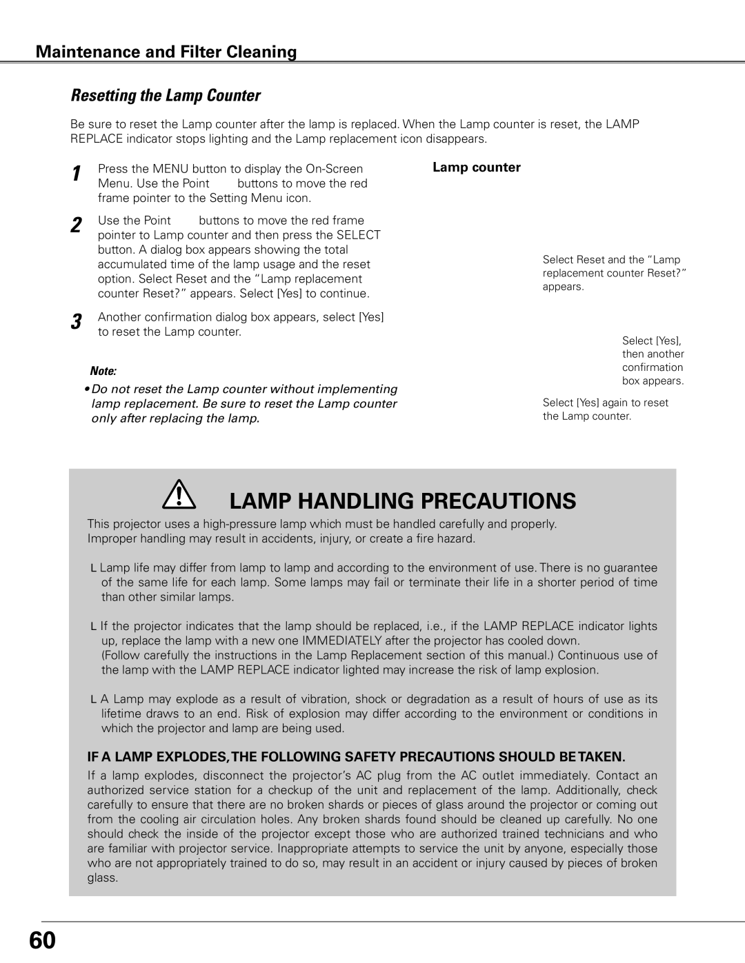 Eiki LC-XG400L owner manual Resetting the Lamp Counter, Lamp counter 