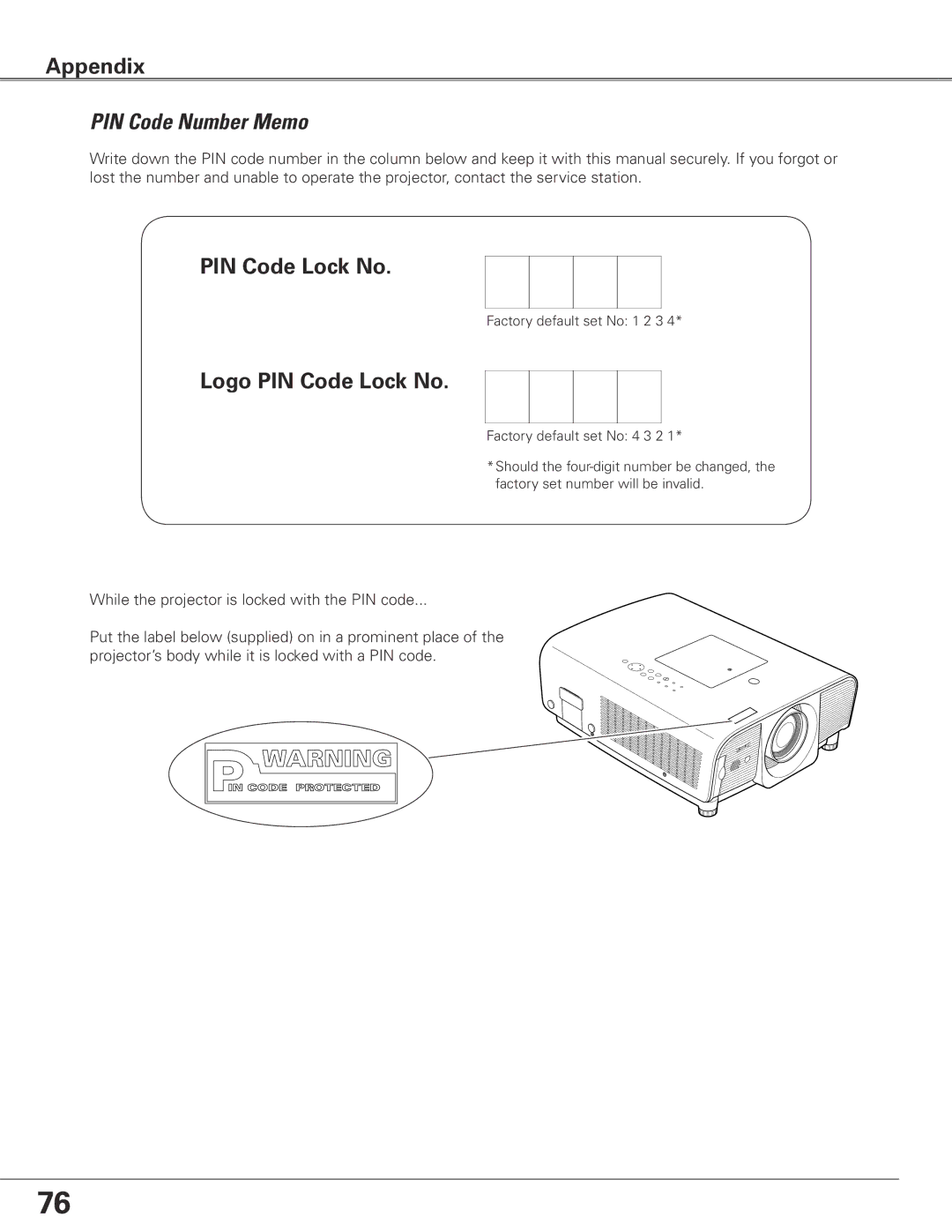 Eiki LC-XG400L owner manual PIN Code Number Memo, Logo PIN Code Lock No 