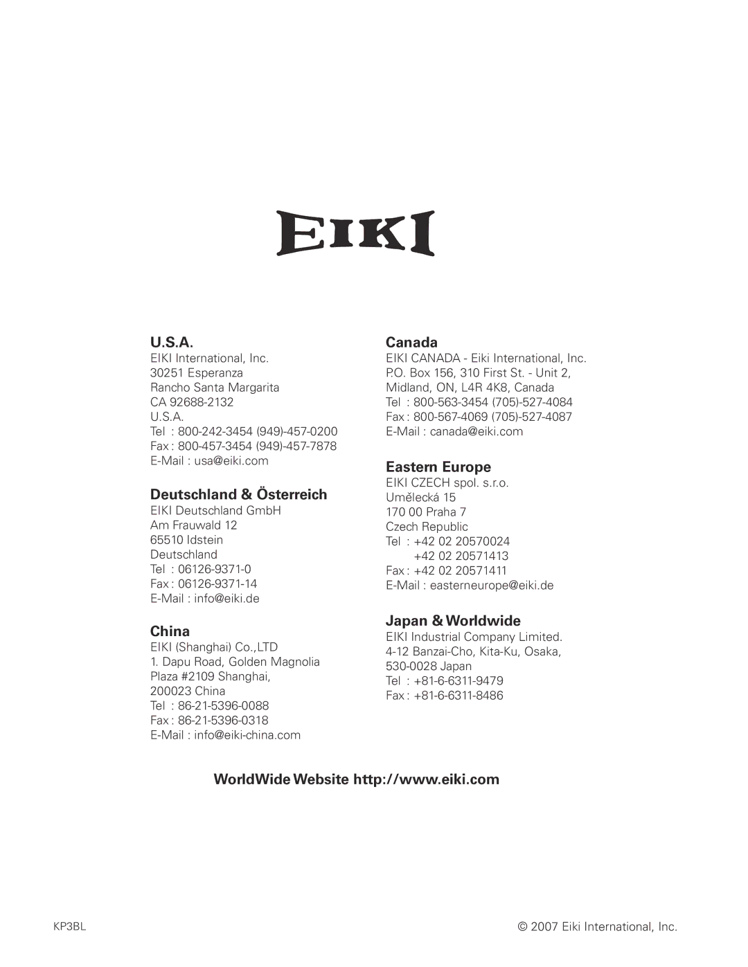 Eiki LC-XG400L owner manual Deutschland & Österreich, China, Canada, Eastern Europe, Japan & Worldwide 