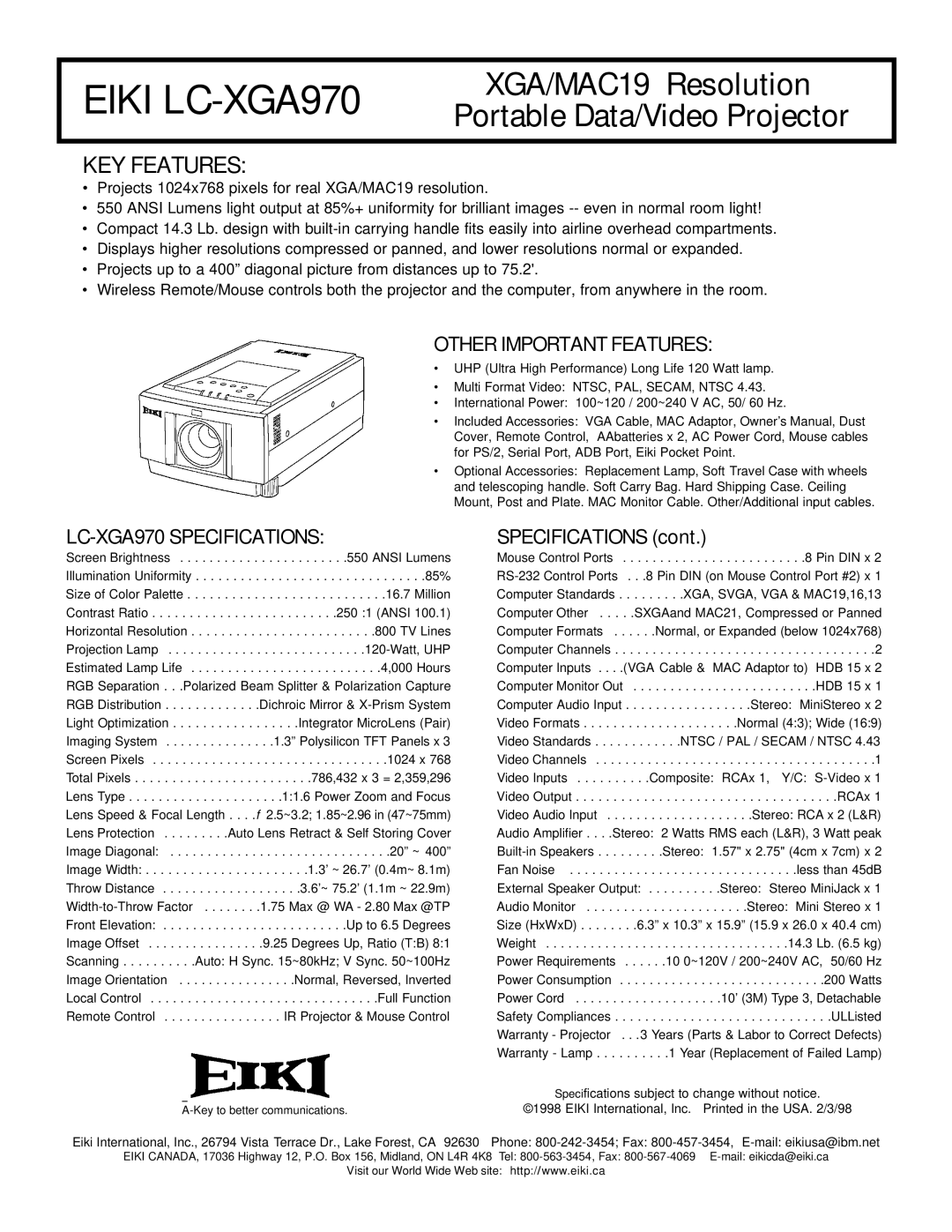 Eiki specifications Eiki LC-XGA970, XGA/MAC19 Resolution Portable Data/Video Projector, KEY Features 