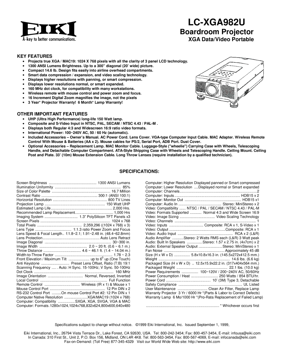 Eiki LC-XGA982U specifications Boardroom Projector, XGA Data/Video Portable 