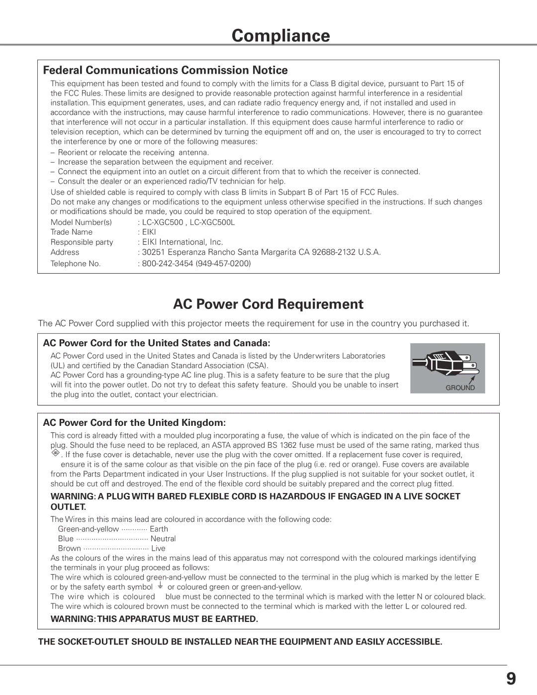 Eiki LC-XGC500 Compliance, AC Power Cord for the United States and Canada, AC Power Cord for the United Kingdom 