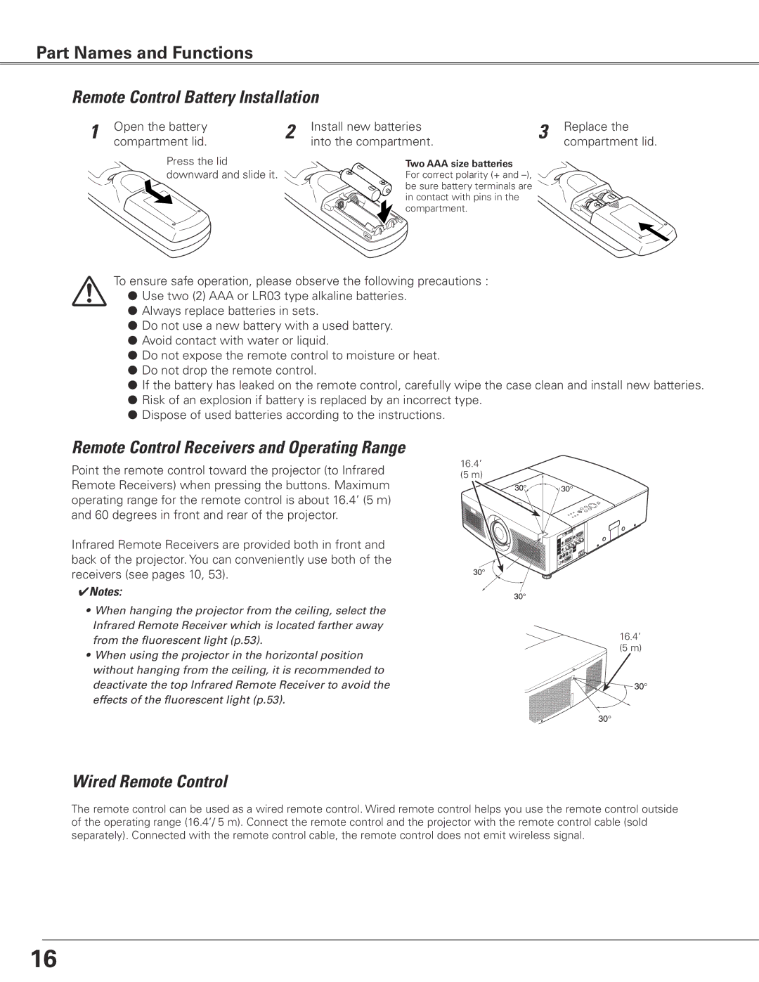 Eiki LC-XGC500 owner manual Remote Control Battery Installation, Wired Remote Control 