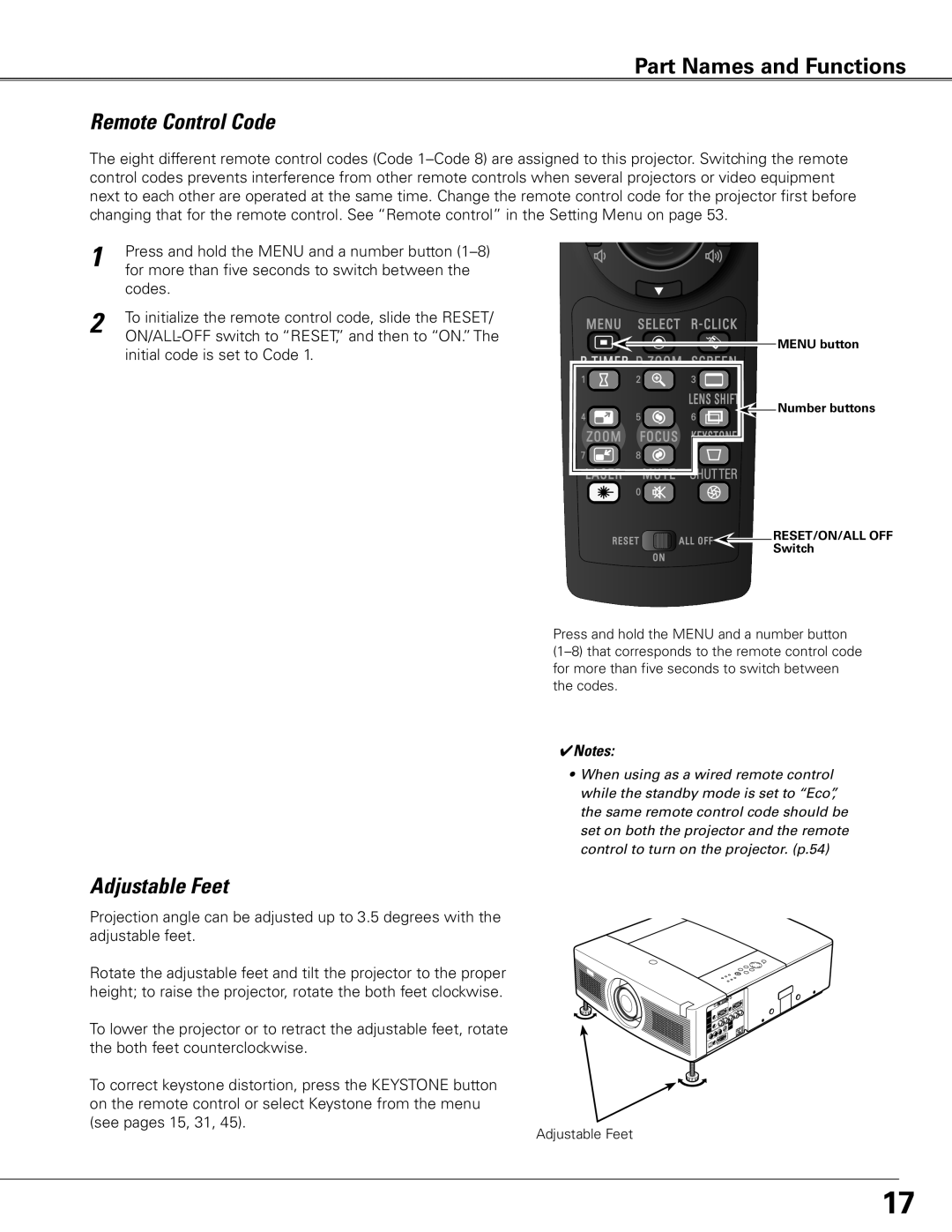 Eiki LC-XGC500 owner manual Remote Control Code, Adjustable Feet 