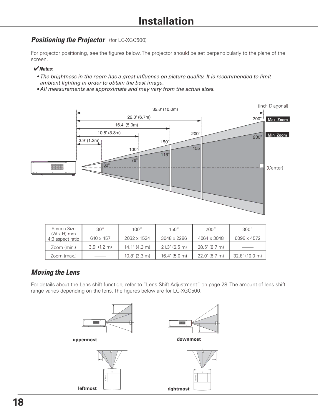 Eiki owner manual Installation, Positioning the Projector for LC-XGC500, Moving the Lens 