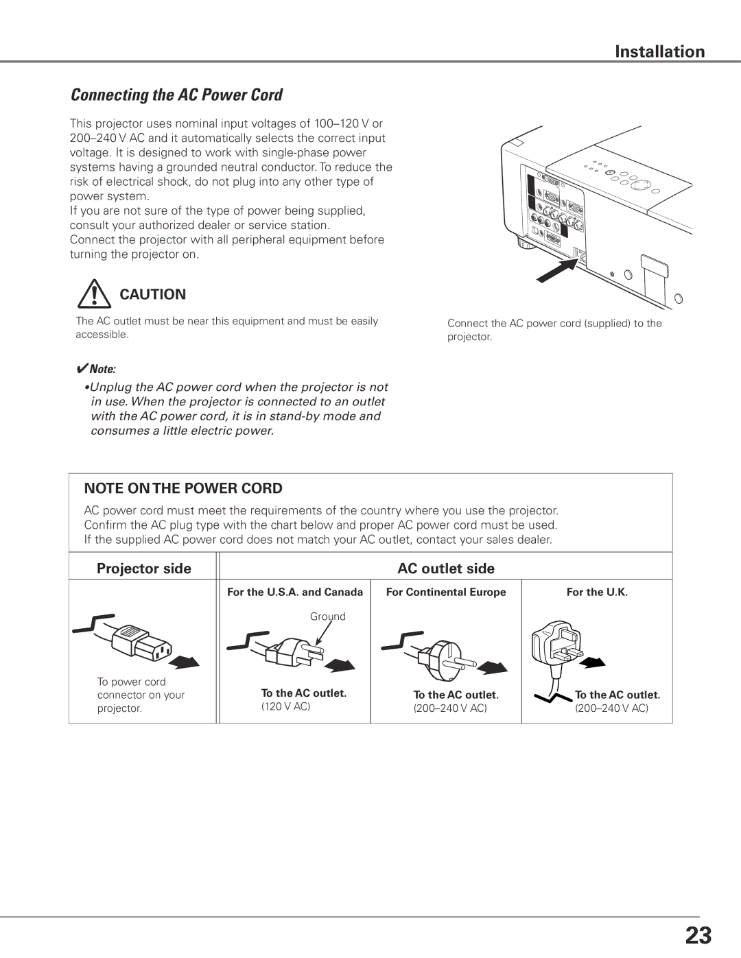 Eiki LC-XGC500 owner manual Connecting the AC Power Cord, Projector side AC outlet side 