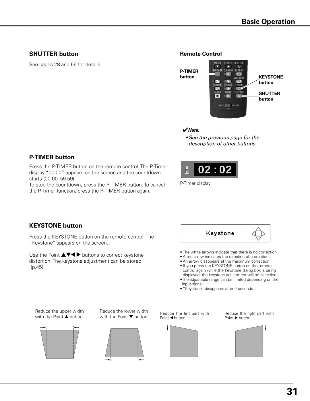 Eiki LC-XGC500 owner manual Shutter button, Timer button, Keystone button 