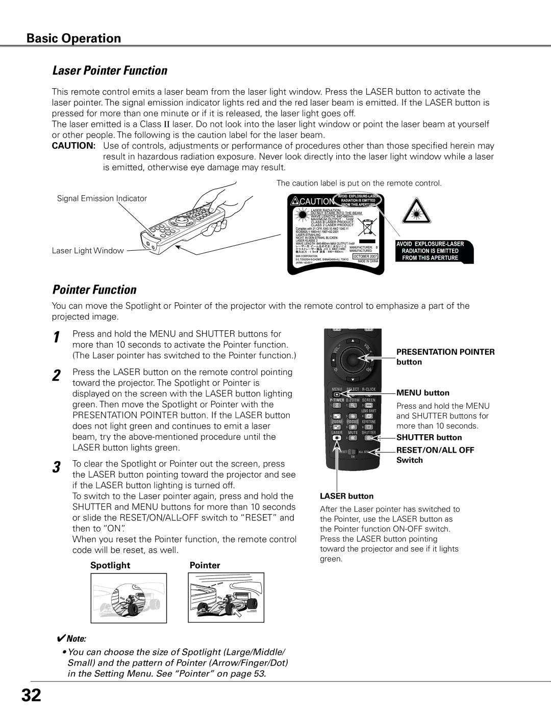 Eiki LC-XGC500 owner manual Laser Pointer Function, Spotlight 