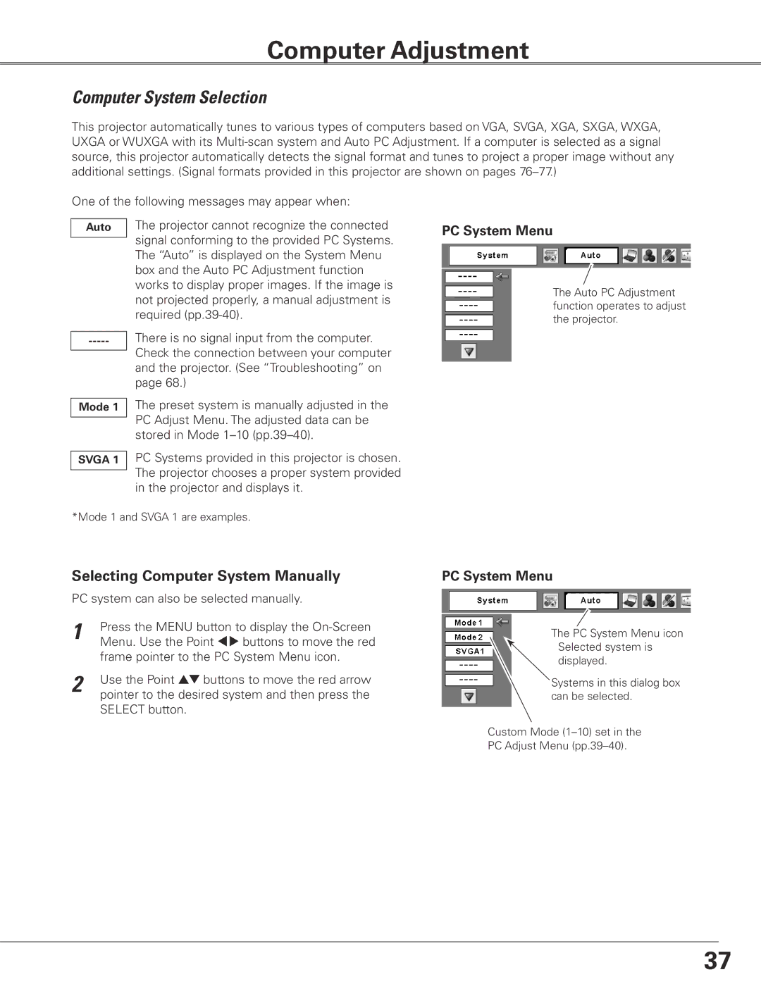 Eiki LC-XGC500 Computer Adjustment, Computer System Selection, Selecting Computer System Manually, PC System Menu 