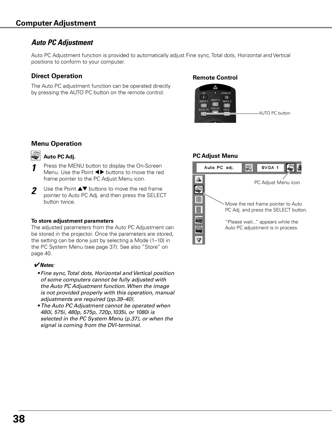 Eiki LC-XGC500 owner manual Auto PC Adjustment, PC Adjust Menu, To store adjustment parameters 