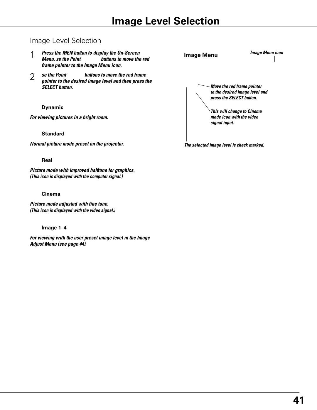 Eiki LC-XGC500 owner manual Image Level Selection, Image Menu 