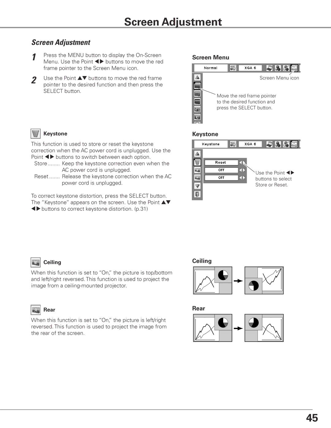 Eiki LC-XGC500 owner manual Screen Adjustment, Screen Menu, Keystone 