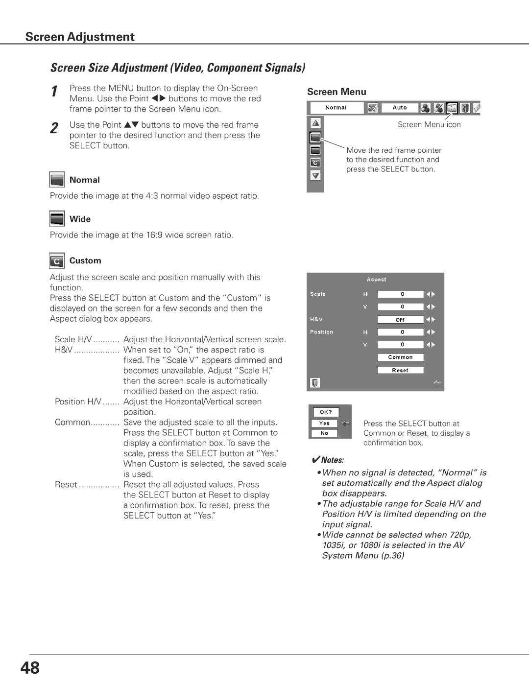 Eiki LC-XGC500 owner manual Screen Size Adjustment Video, Component Signals 