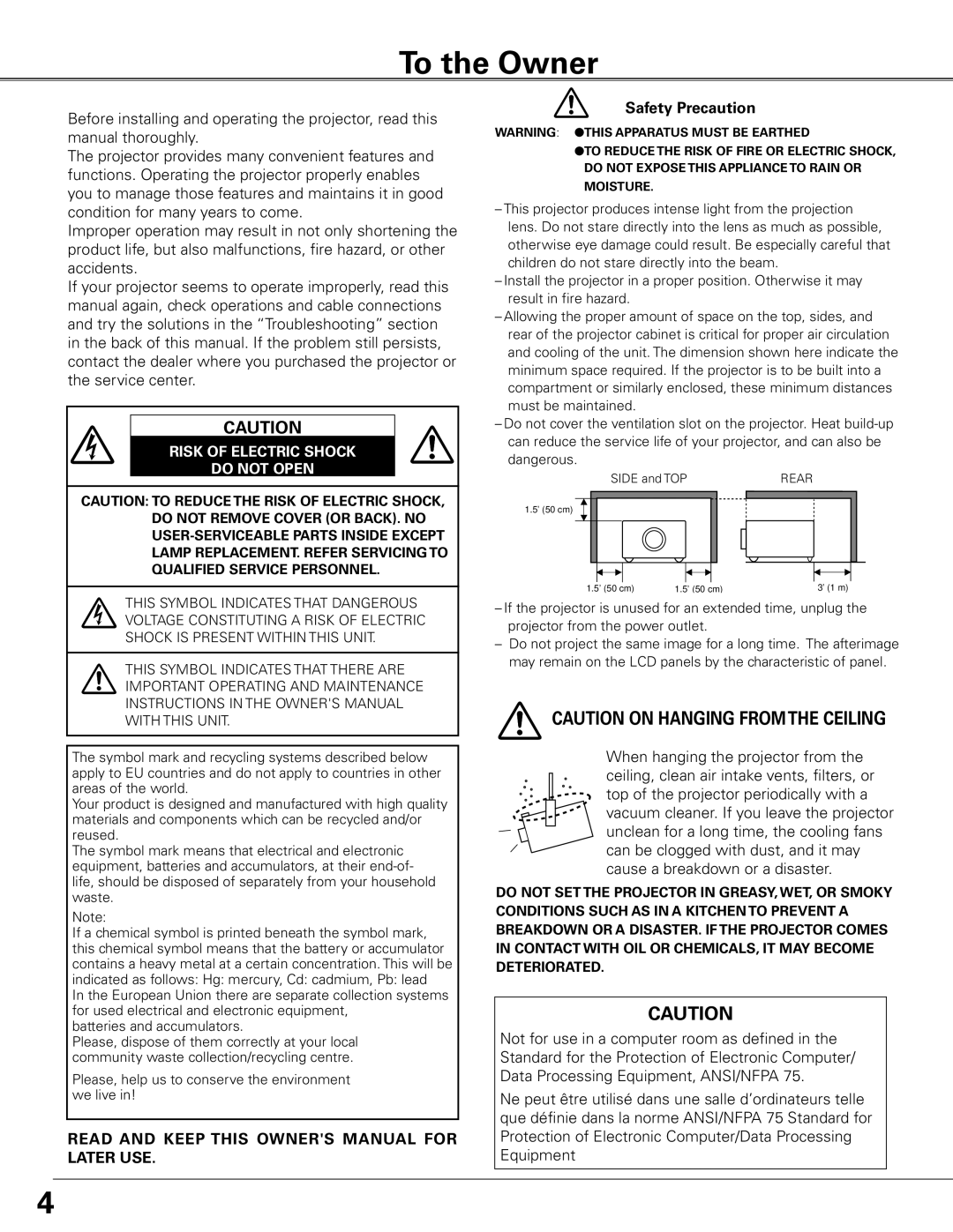 Eiki LC-XGC500 owner manual To the Owner, Safety Precaution 