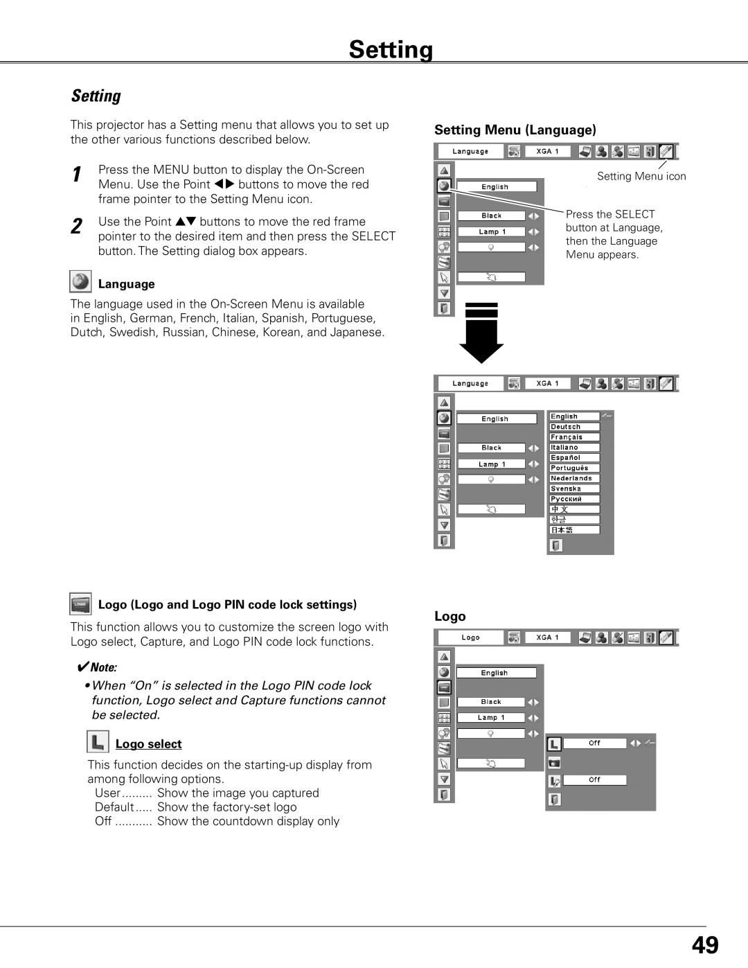 Eiki LC-XGC500 owner manual Setting Menu Language, Logo 