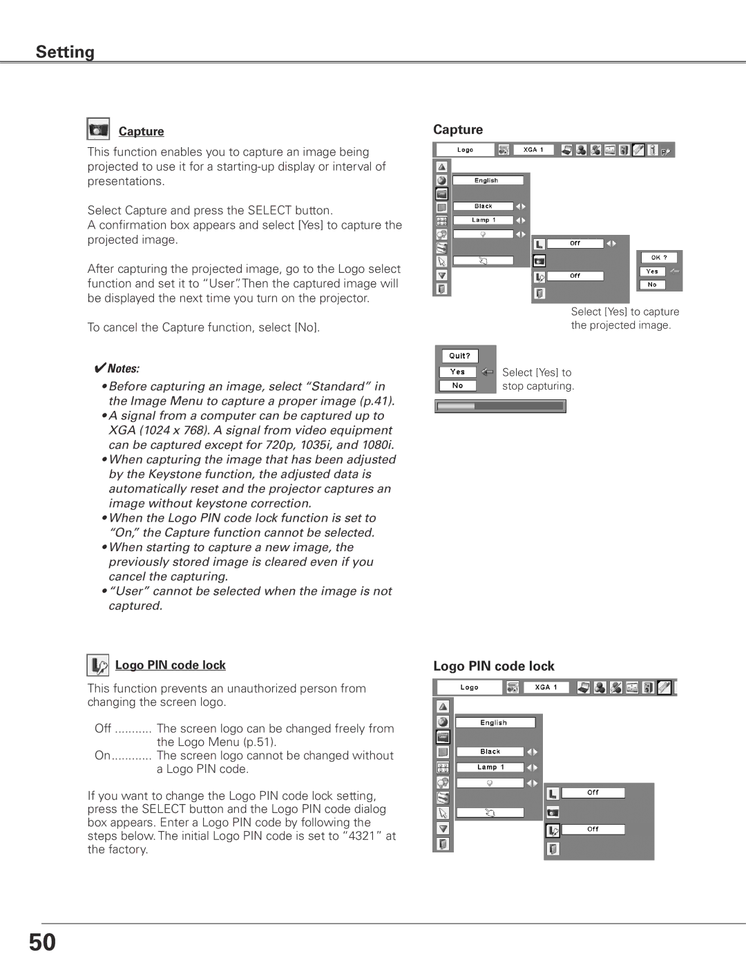 Eiki LC-XGC500 owner manual Capture, Logo PIN code lock 