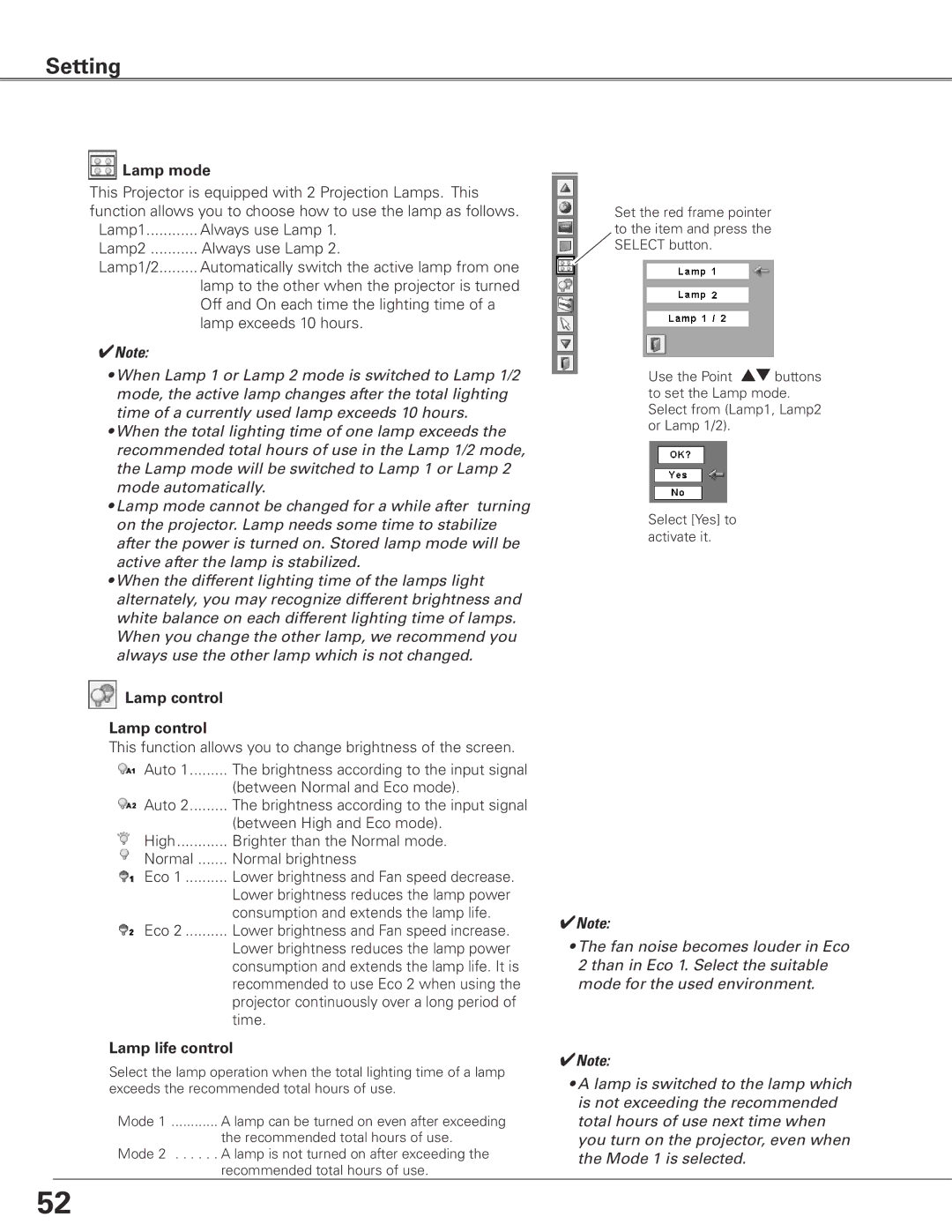 Eiki LC-XGC500 owner manual Lamp mode, Lamp control, Lamp life control 