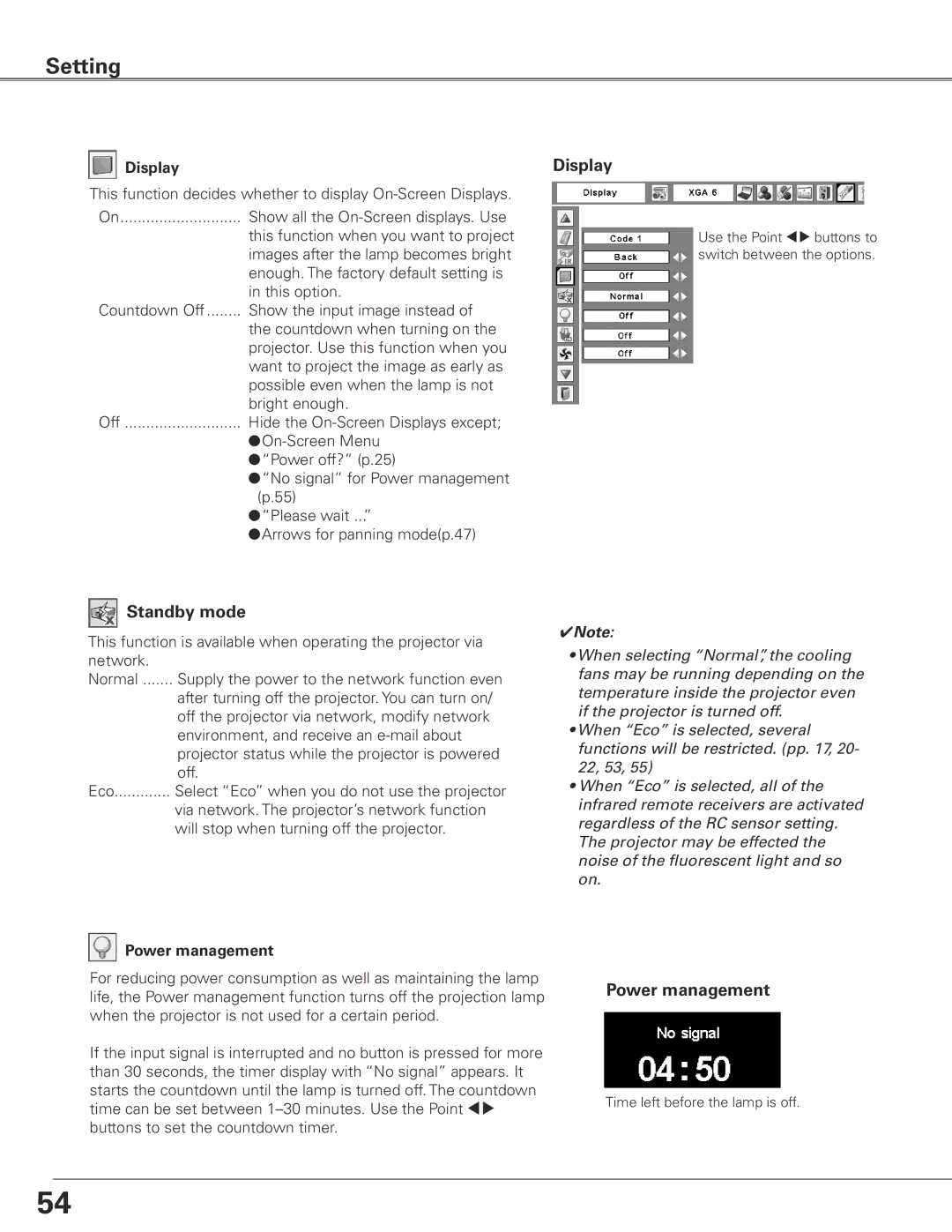 Eiki LC-XGC500 owner manual Display, Standby mode, Power management 