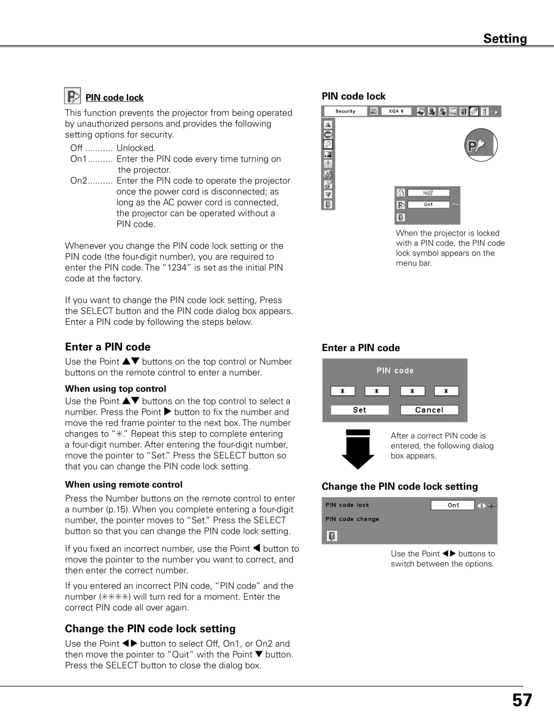 Eiki LC-XGC500 owner manual Change the PIN code lock setting, Enter a PIN code 